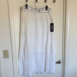 Allen B. White Tiered Maxi Skirt with Beaded Waistband - L - 100% Cotton